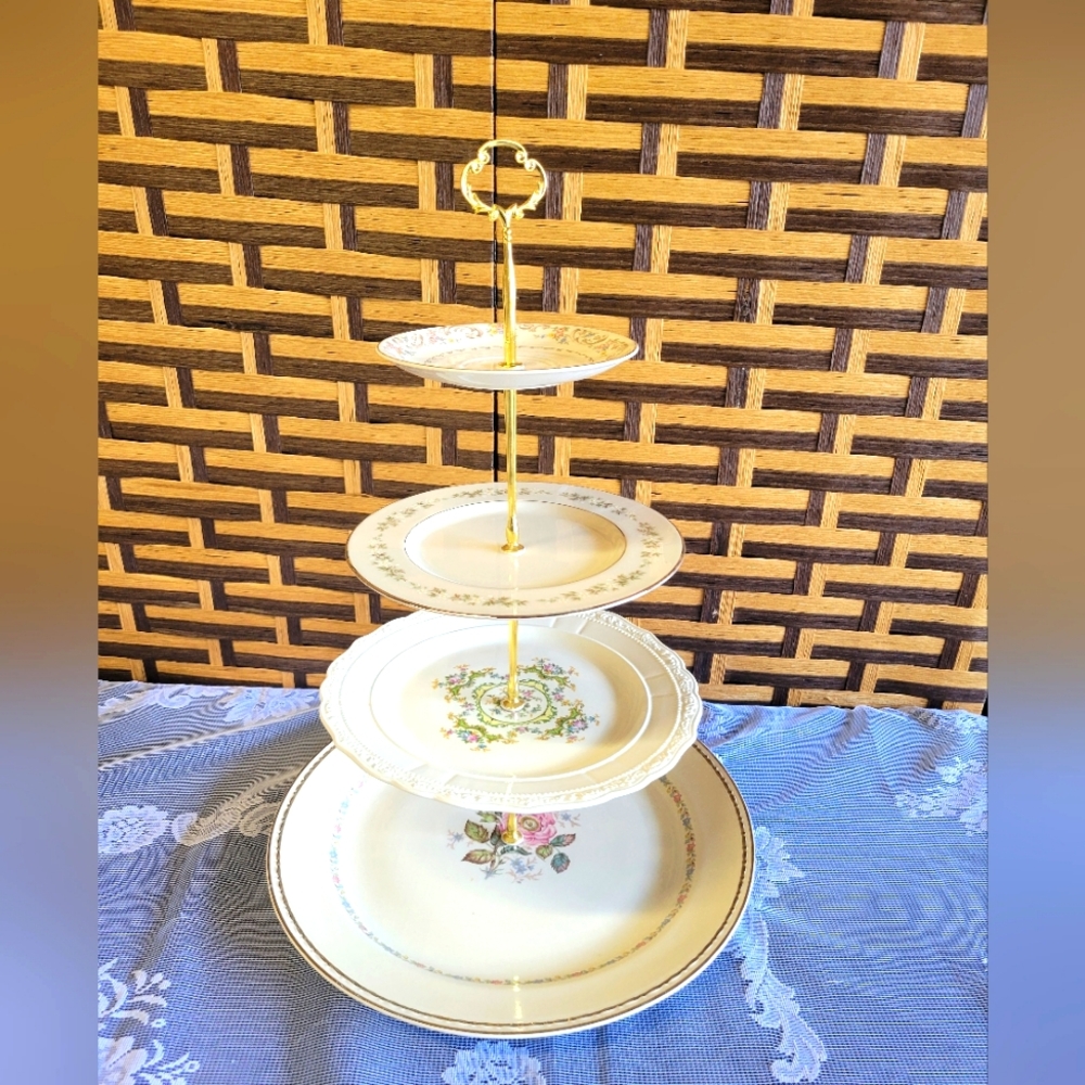 Elegant Vintage Floral China 4 Tiered Dessert Stand